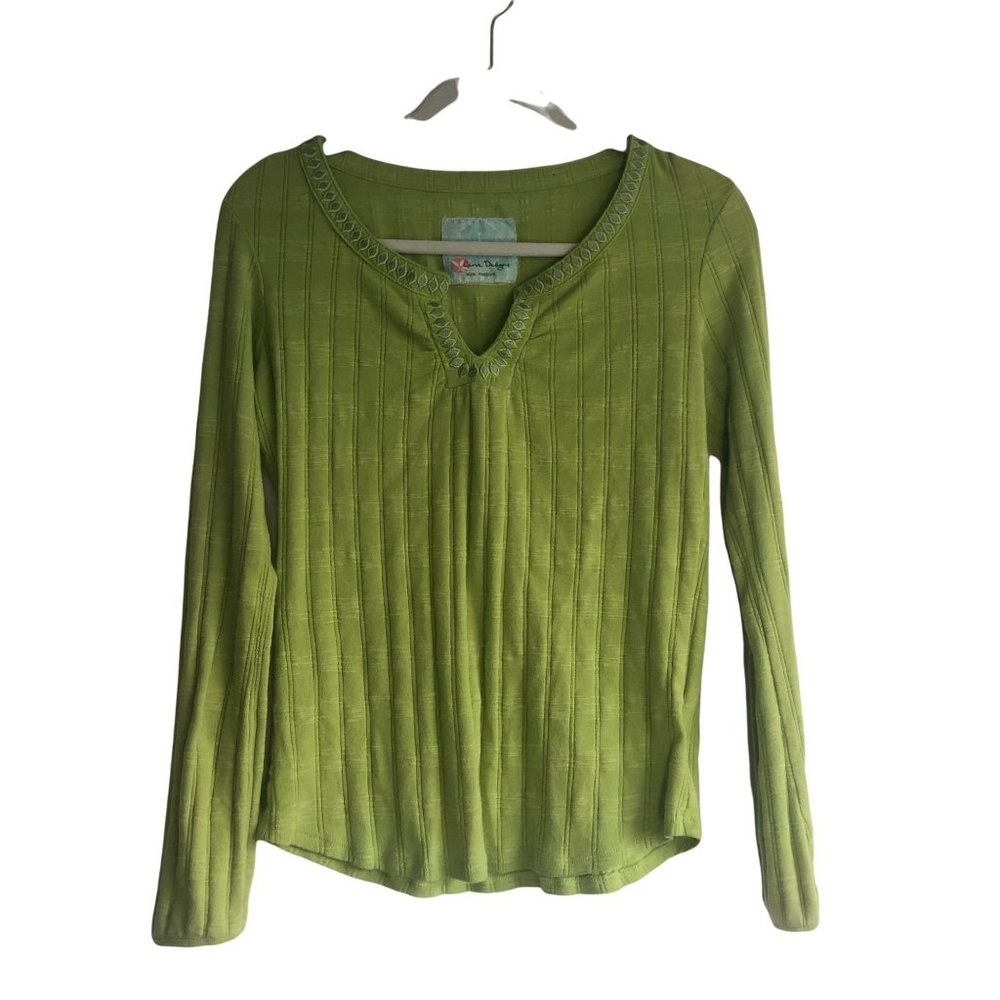 CRAVE DESIGNS Green Organic Cotton Long Sleeve Shirt Embroidered Detail Womens M